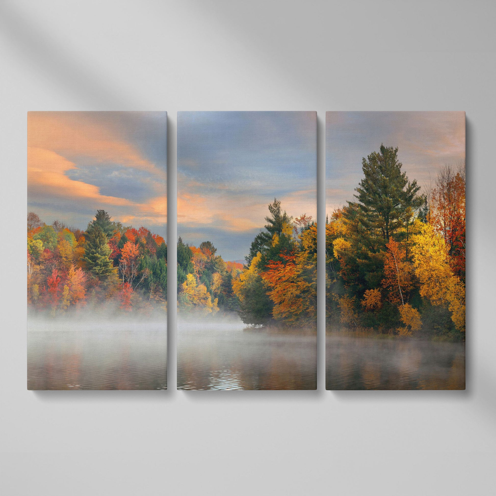 Autumn Forest Lake Reflection Canvas Wall Art, Misty Dawn as 3-panel split version