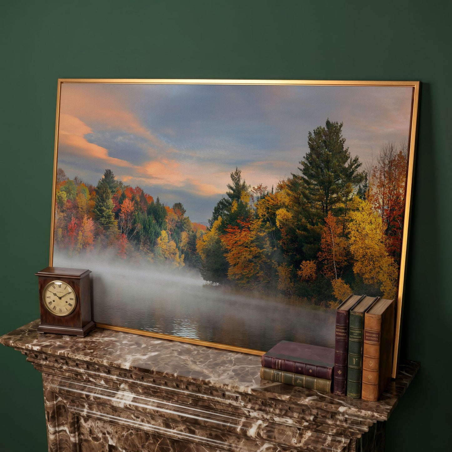 Autumn Forest Lake Reflection Canvas Wall Art, Misty Dawn in antique gold floating frame