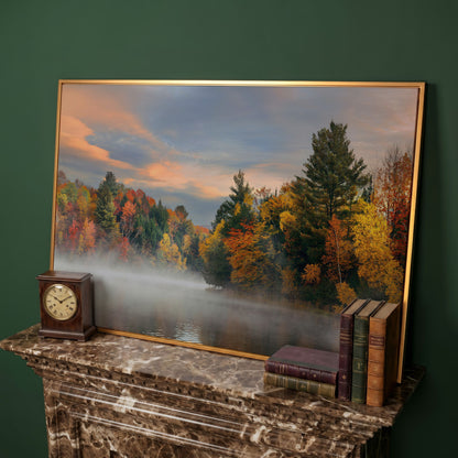 Autumn Forest Lake Reflection Canvas Wall Art, Misty Dawn in antique gold floating frame