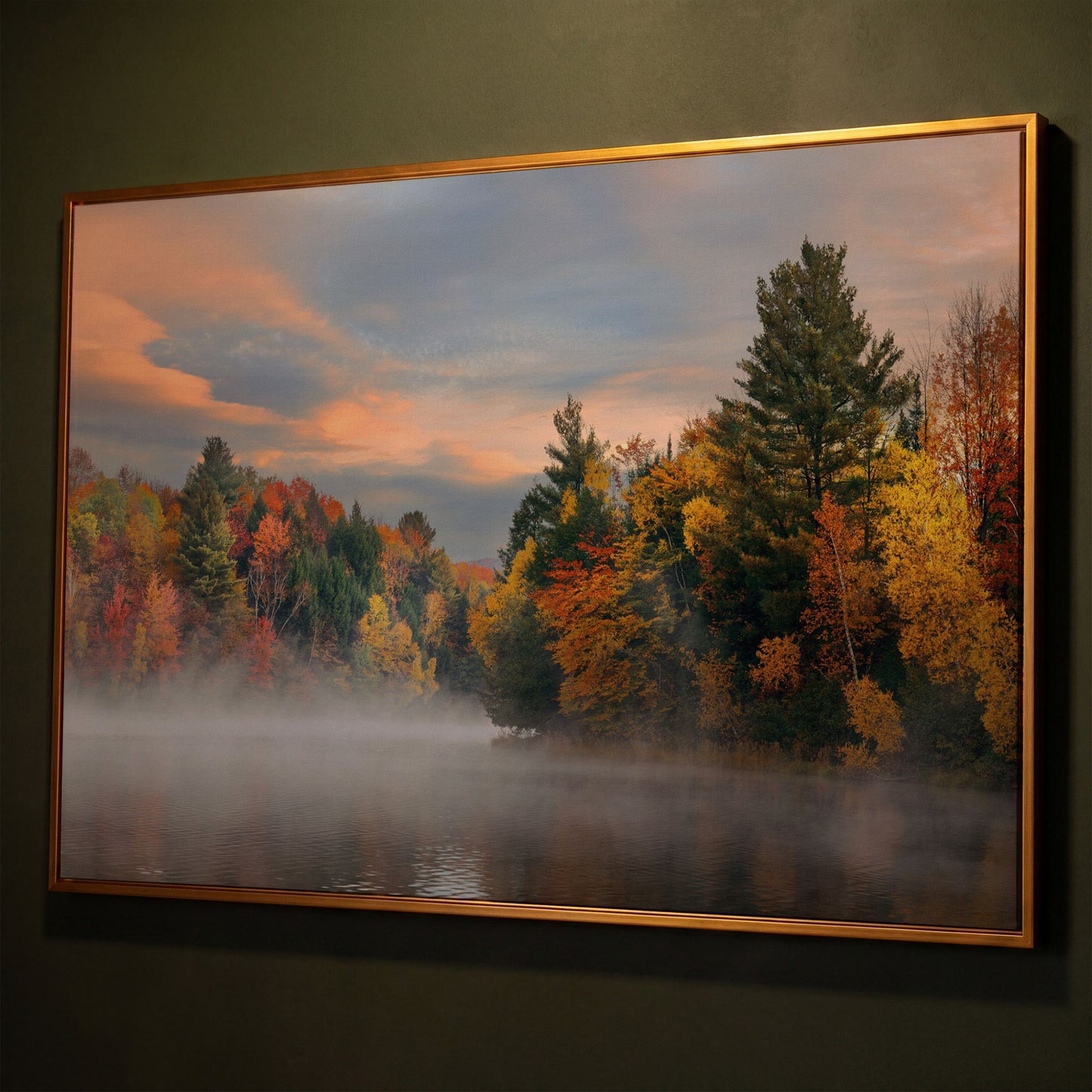 Autumn Forest Lake Reflection Canvas Wall Art, Misty Dawn shown in antique gold floating frame