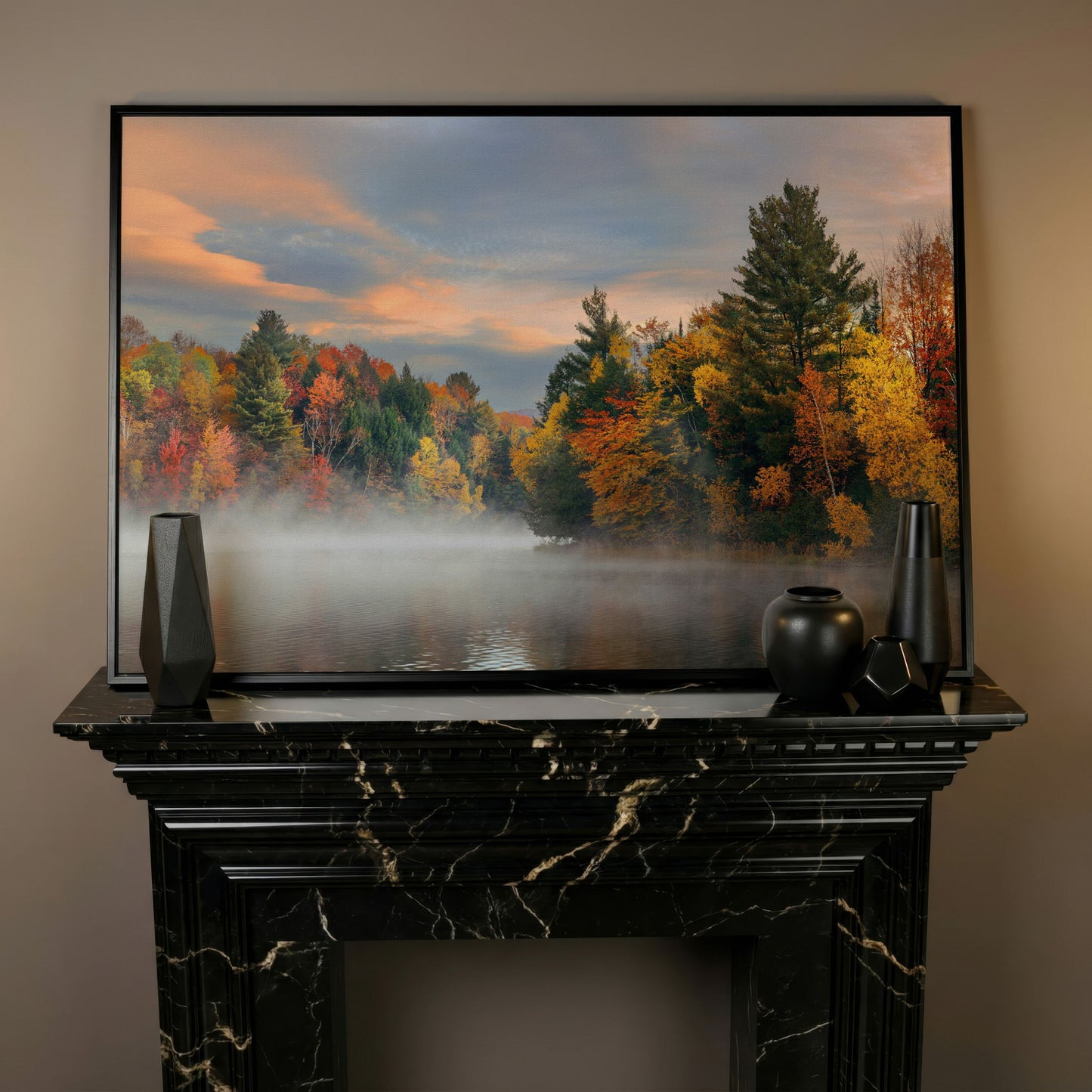Autumn Forest Lake Reflection Canvas Wall Art, Misty Dawn in black floating frame