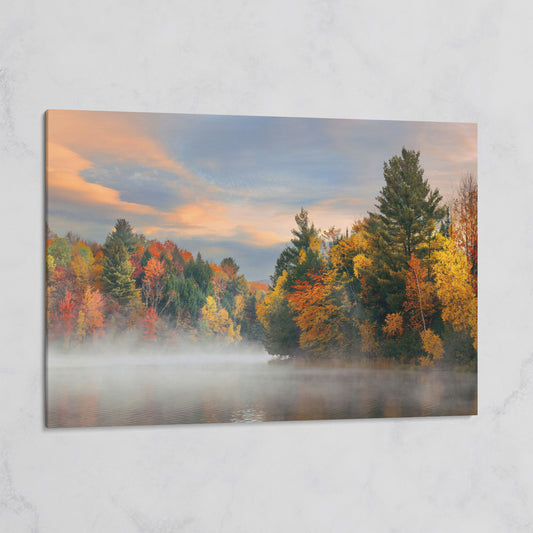 Autumn Forest Lake Reflection Canvas Wall Art, Misty Dawn on gallery wrap