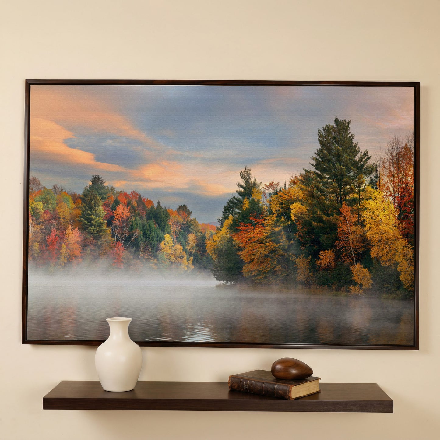 Autumn Forest Lake Reflection Canvas Wall Art, Misty Dawn in dark walnut floating frame
