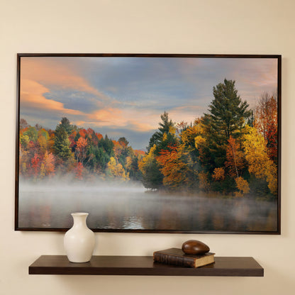Autumn Forest Lake Reflection Canvas Wall Art, Misty Dawn in dark walnut floating frame