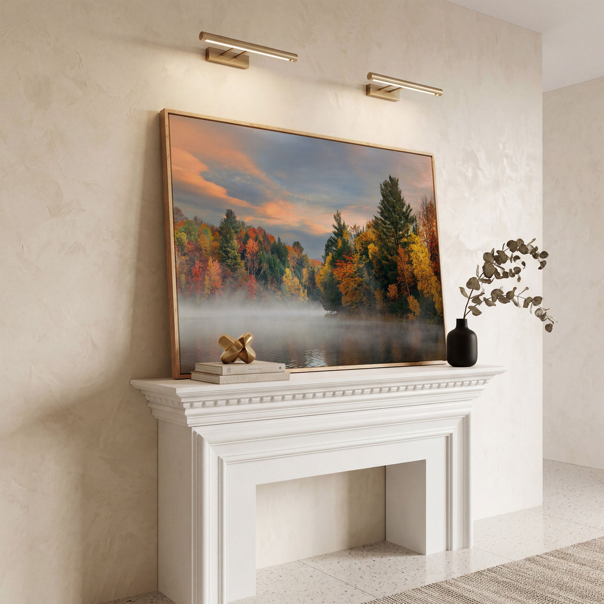 Autumn Forest Lake Reflection Canvas Wall Art, Misty Dawn in white oak floating frame