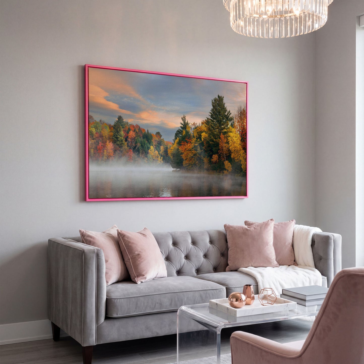 Autumn Forest Lake Reflection Canvas Wall Art, Misty Dawn in pink floating frame