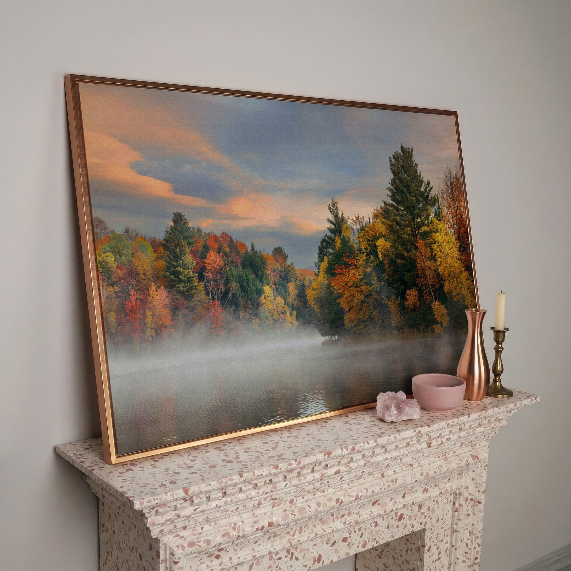 Autumn Forest Lake Reflection Canvas Wall Art, Misty Dawn in rose gold floating frame