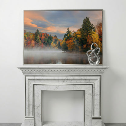Autumn Forest Lake Reflection Canvas Wall Art, Misty Dawn in silver floating frame