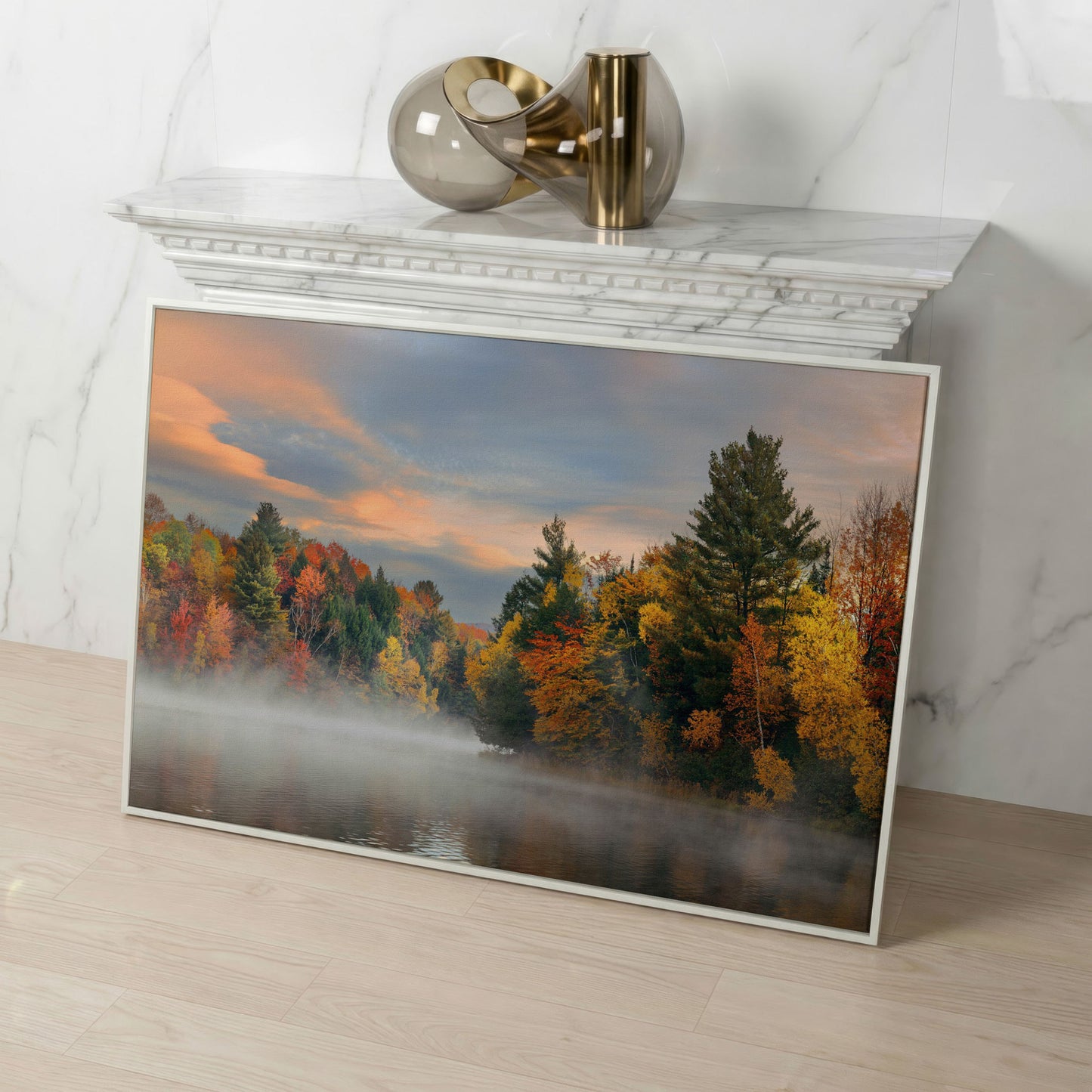 Autumn Forest Lake Reflection Canvas Wall Art, Misty Dawn in white floating frame