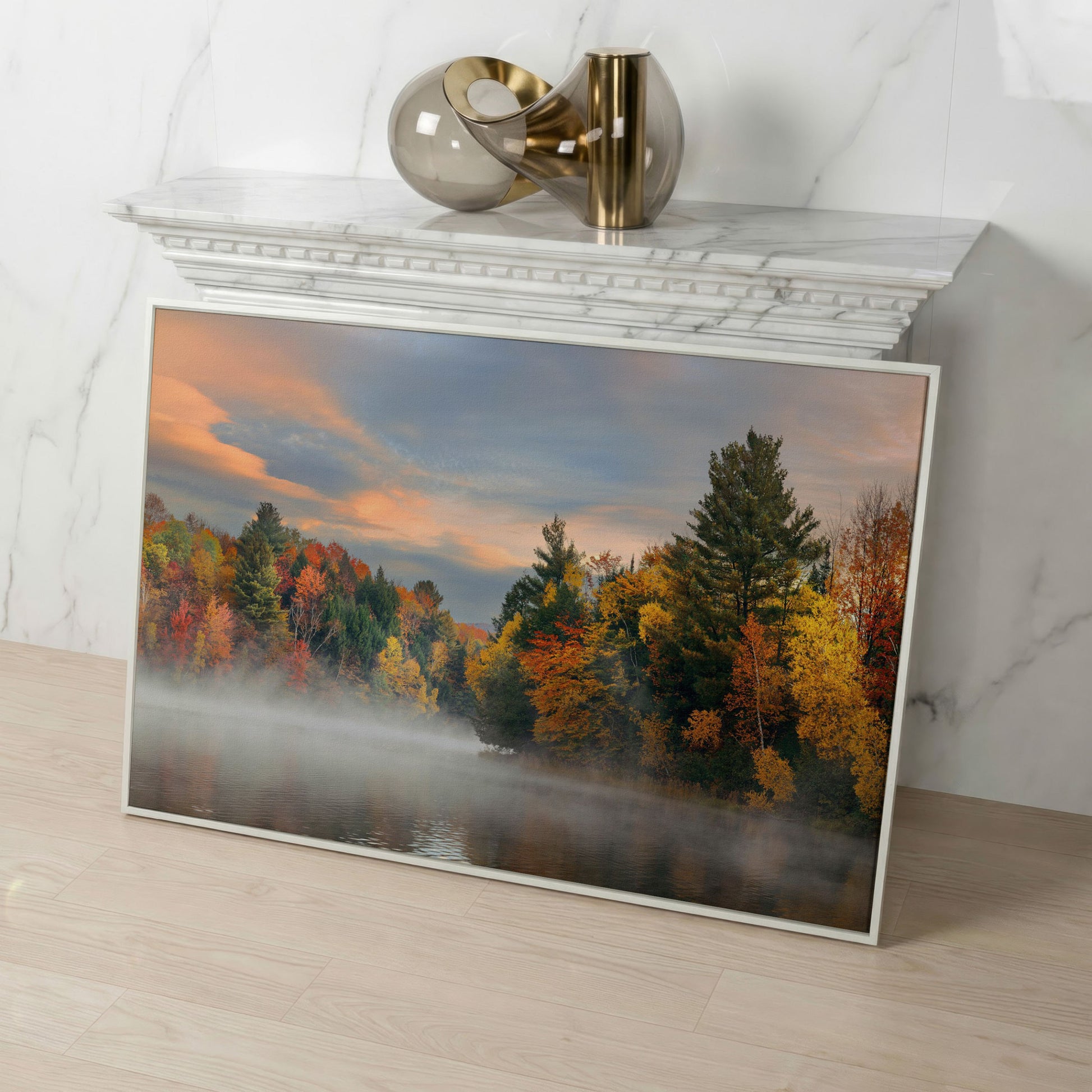 Autumn Forest Lake Reflection Canvas Wall Art, Misty Dawn in white floating frame