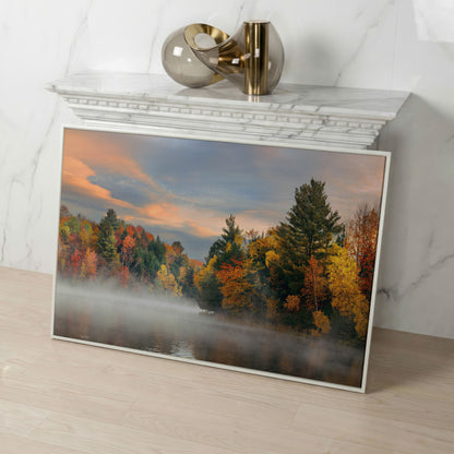 Autumn Forest Lake Reflection Canvas Wall Art, Misty Dawn in white floating frame