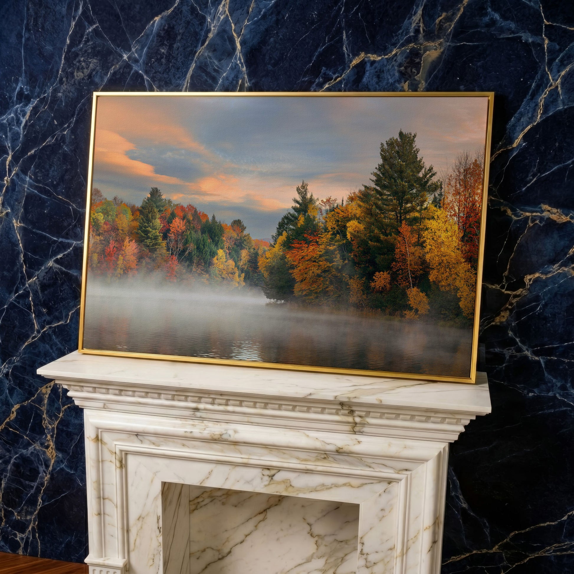Autumn Forest Lake Reflection Canvas Wall Art, Misty Dawn in yellow gold floating frame