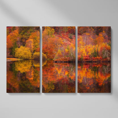 Autumn Forest Lake Reflection Canvas Wall Art as 3-panel split version