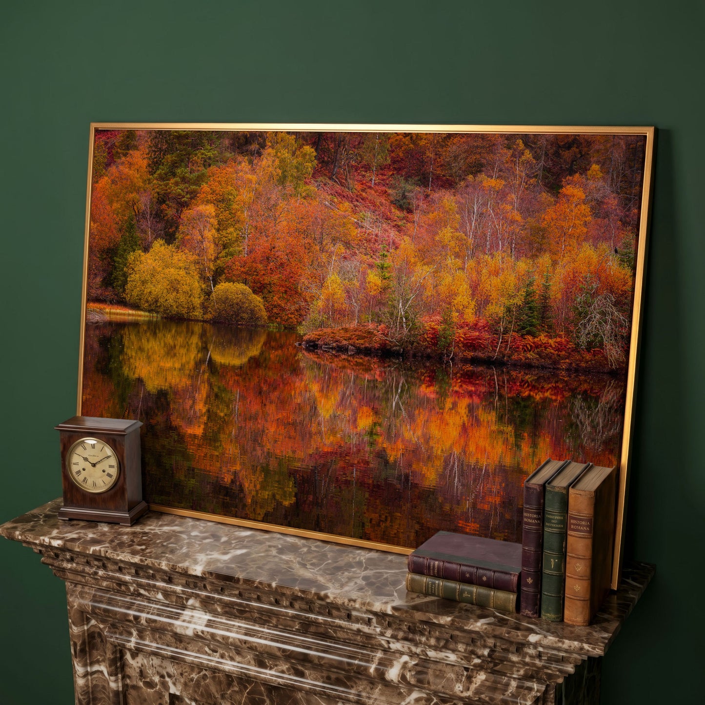Autumn Forest Lake Reflection Canvas Wall Art in antique gold floating frame