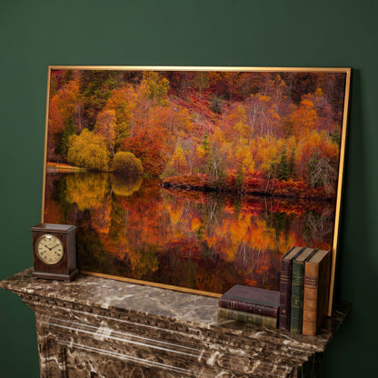 Autumn Forest Lake Reflection Canvas Wall Art in antique gold floating frame