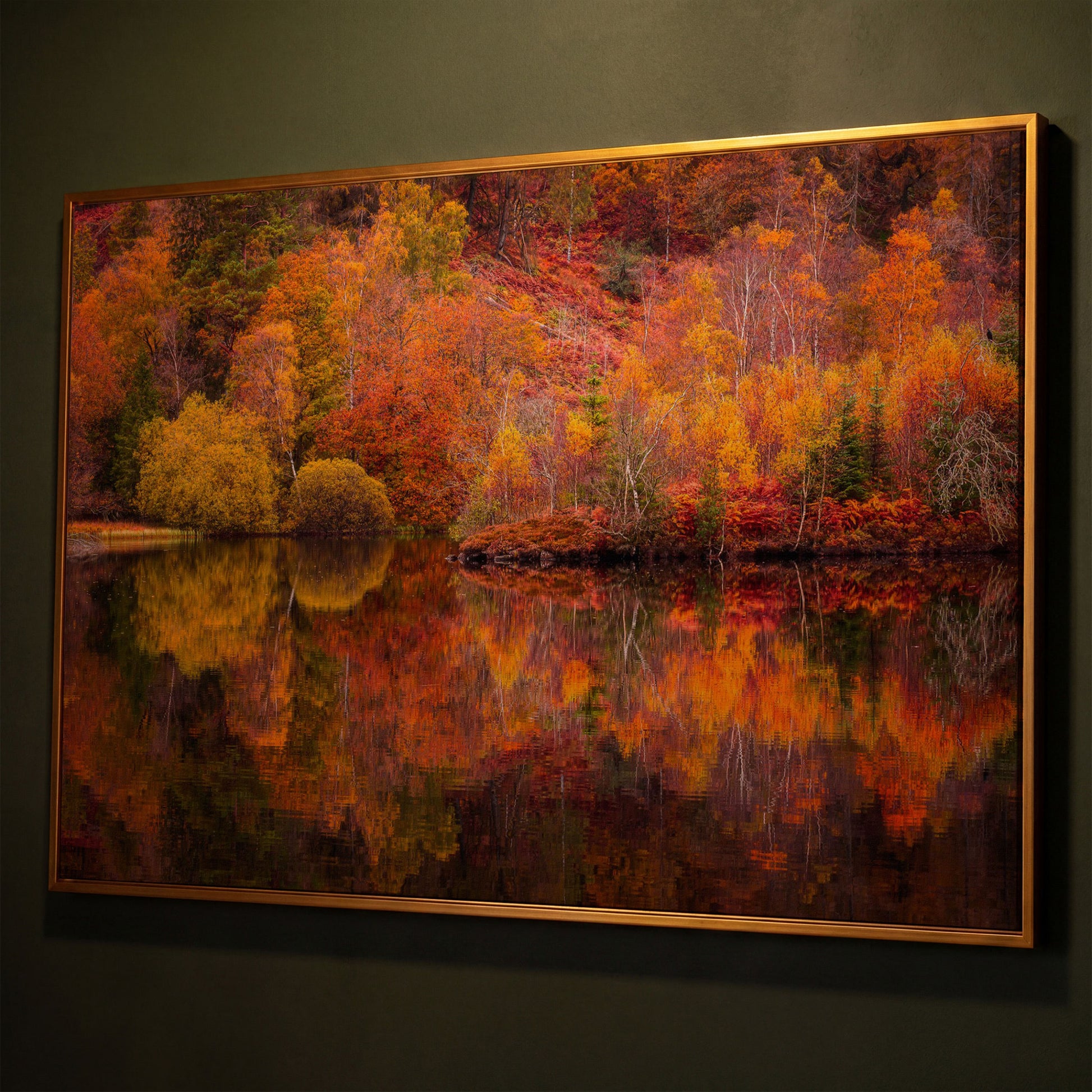 Autumn Forest Lake Reflection Canvas Wall Art shown in antique gold floating frame