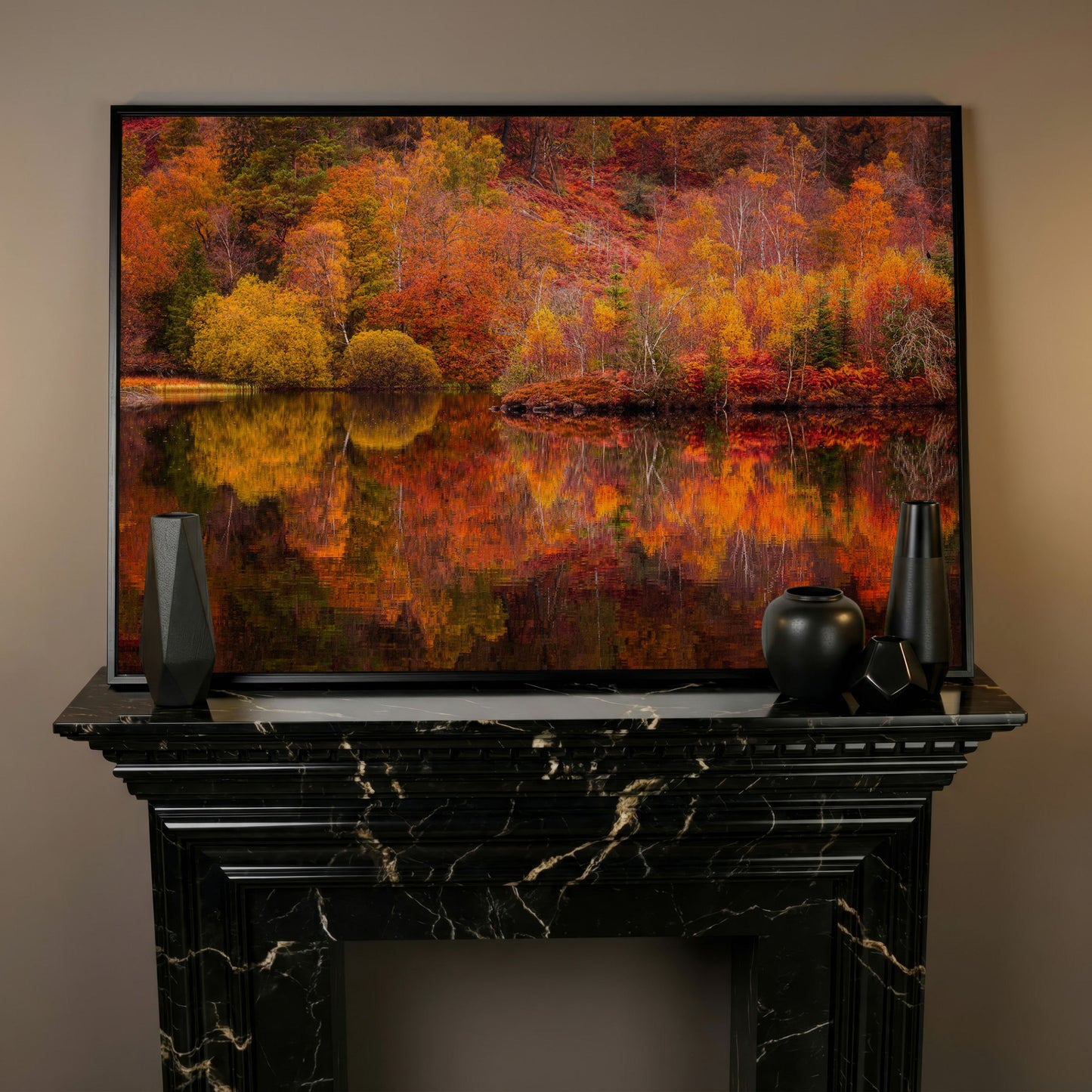 Autumn Forest Lake Reflection Canvas Wall Art in black floating frame