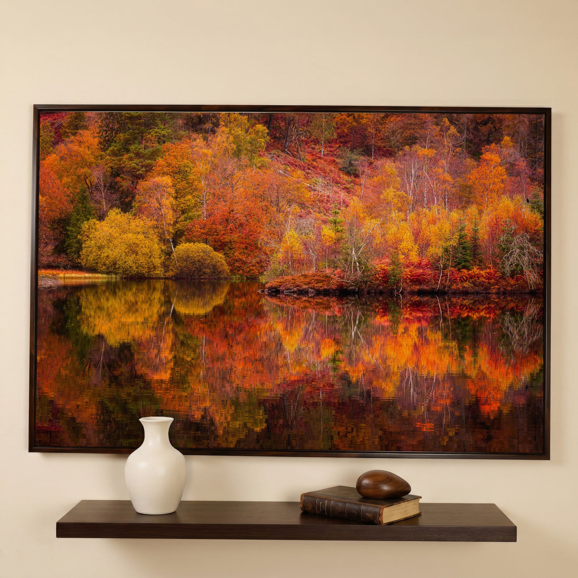 Autumn Forest Lake Reflection Canvas Wall Art in dark walnut floating frame