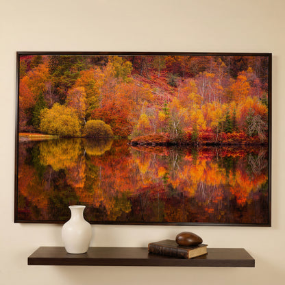 Autumn Forest Lake Reflection Canvas Wall Art in dark walnut floating frame