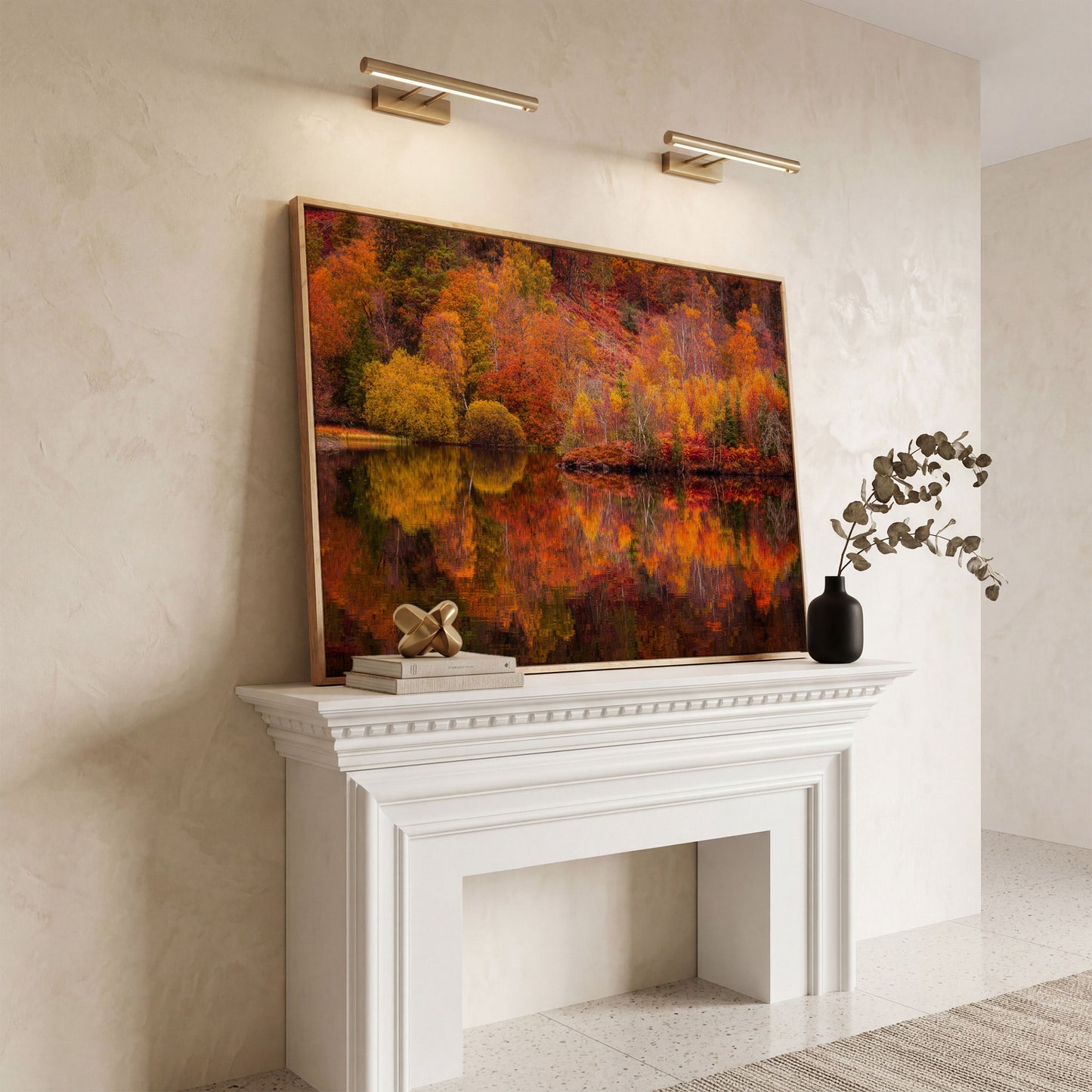 Autumn Forest Lake Reflection Canvas Wall Art in white oak floating frame