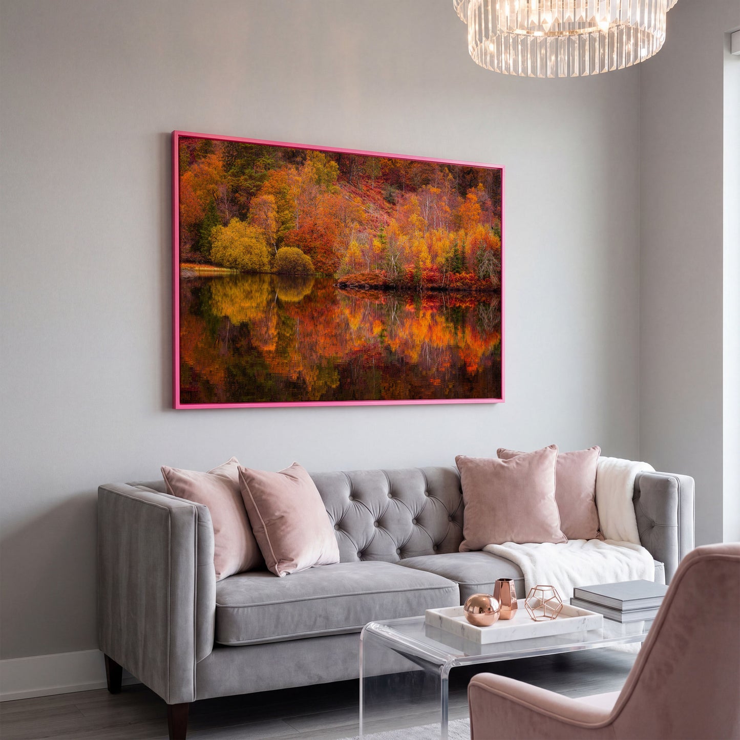 Autumn Forest Lake Reflection Canvas Wall Art in pink floating frame