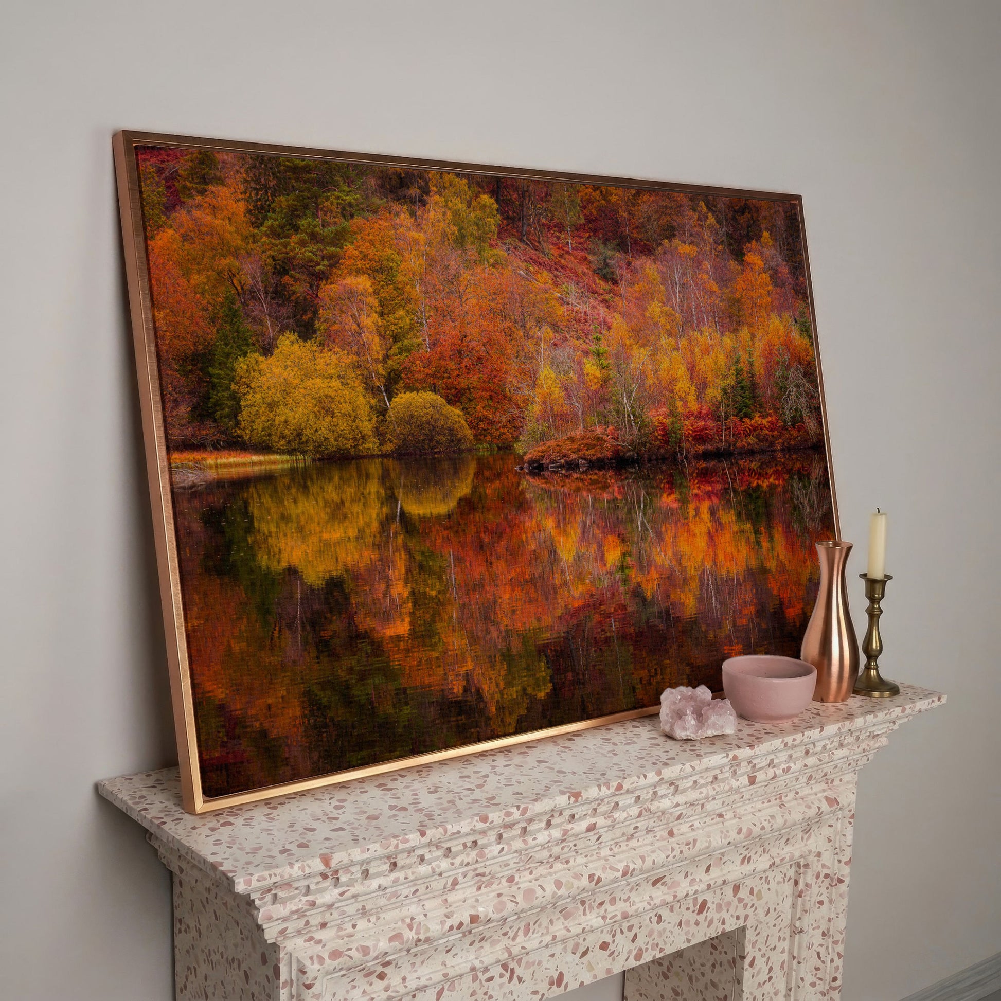 Autumn Forest Lake Reflection Canvas Wall Art in rose gold floating frame