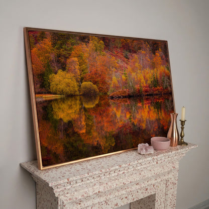 Autumn Forest Lake Reflection Canvas Wall Art in rose gold floating frame