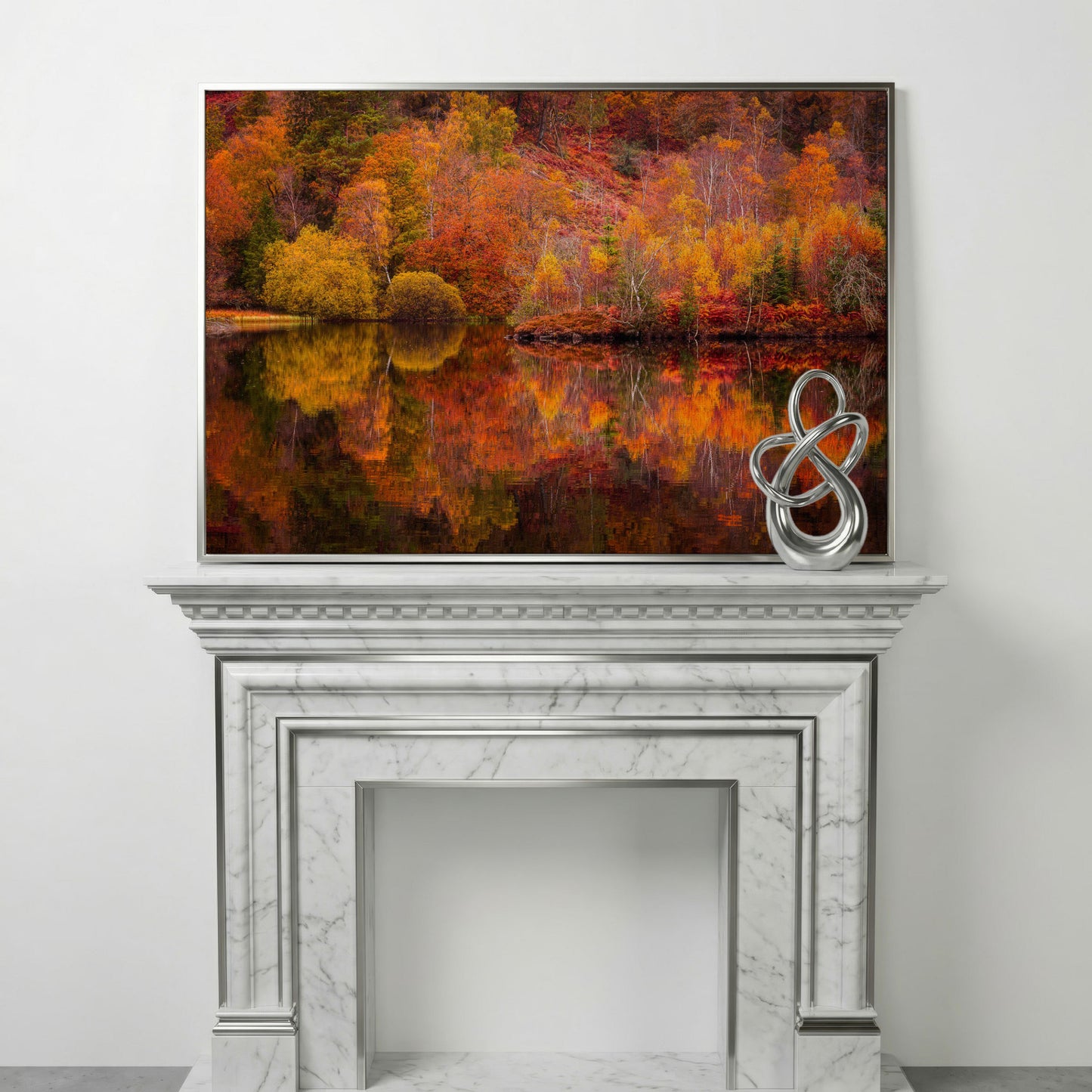 Autumn Forest Lake Reflection Canvas Wall Art in silver floating frame