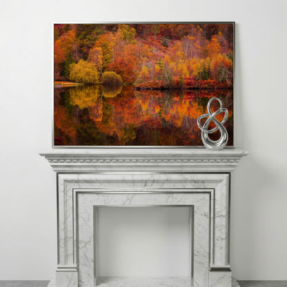 Autumn Forest Lake Reflection Canvas Wall Art in silver floating frame