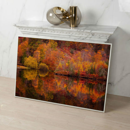 Autumn Forest Lake Reflection Canvas Wall Art in white floating frame