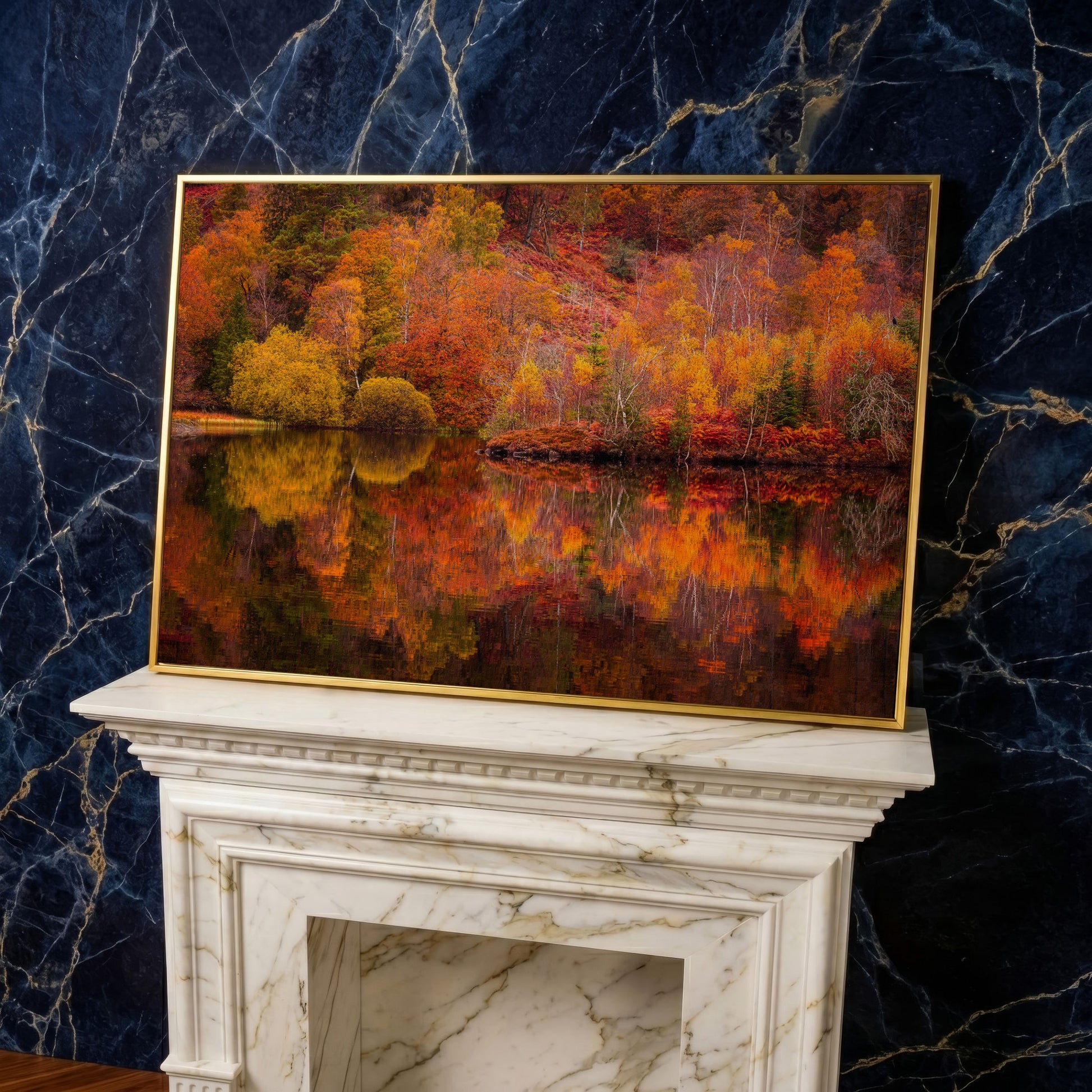 Autumn Forest Lake Reflection Canvas Wall Art in yellow gold floating frame