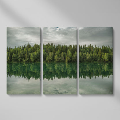 Forest Edge Reflected in Still Water, Misty Landscape Canvas as 3-panel split version