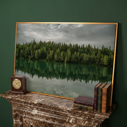 Forest Edge Reflected in Still Water, Misty Landscape Canvas in antique gold floating frame