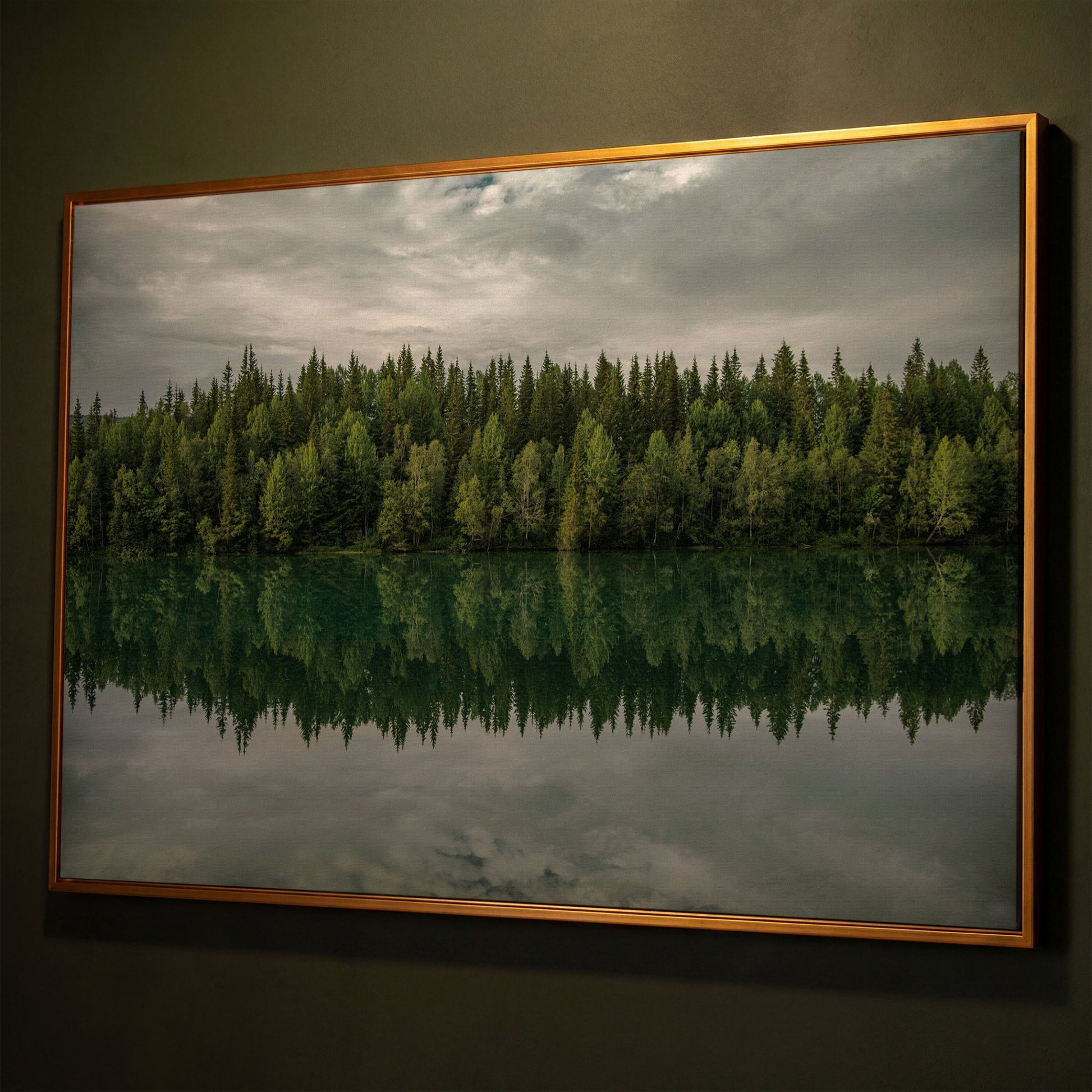 Forest Edge Reflected in Still Water, Misty Landscape Canvas shown in antique gold floating frame