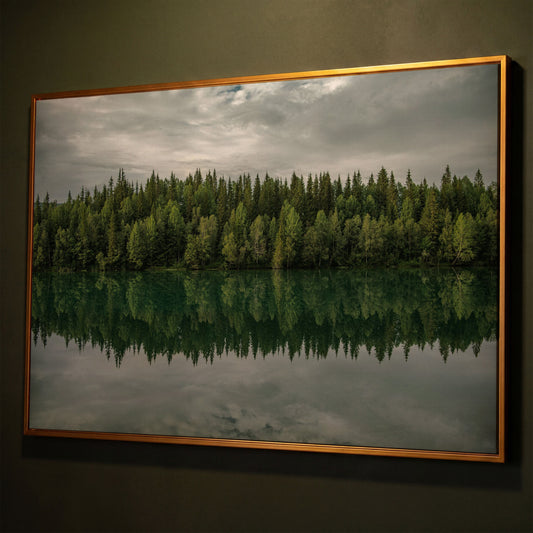 Forest Edge Reflected in Still Water, Misty Landscape Canvas shown in antique gold floating frame