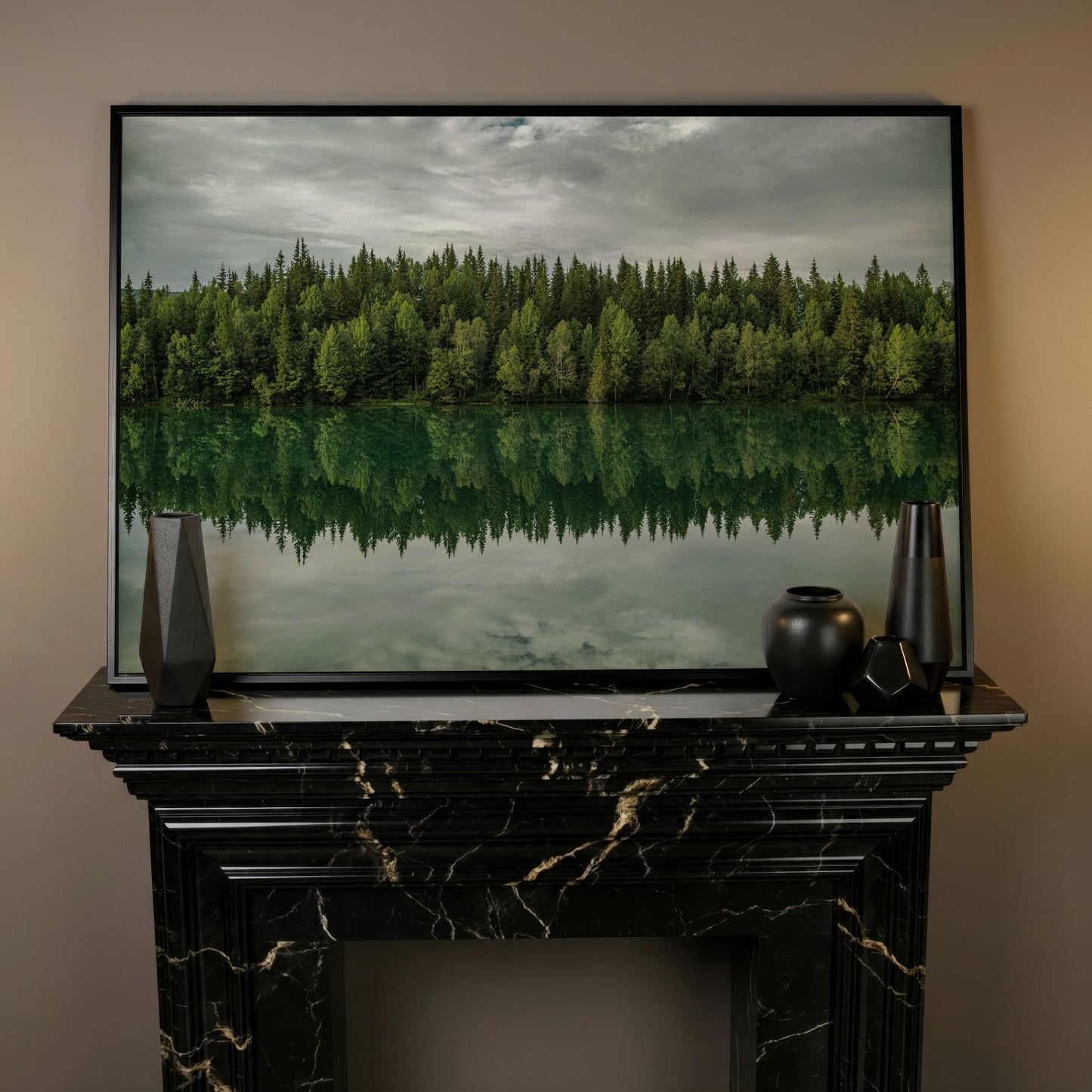 Forest Edge Reflected in Still Water, Misty Landscape Canvas in black floating frame