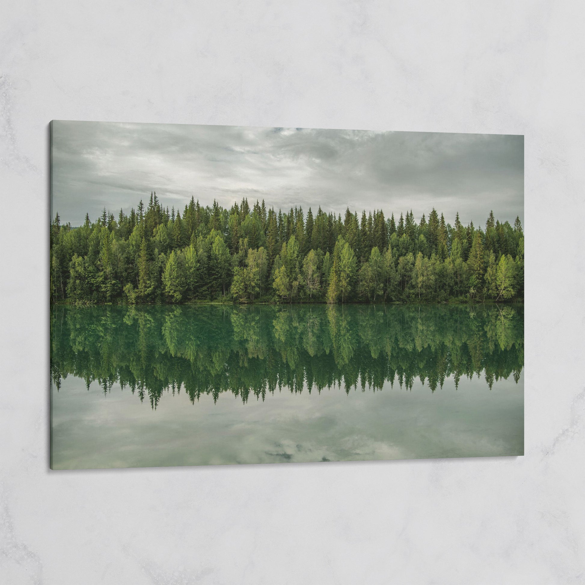 Forest Edge Reflected in Still Water, Misty Landscape Canvas on gallery wrap