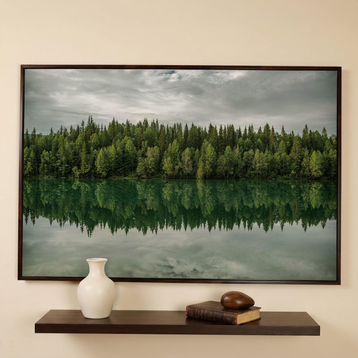 Forest Edge Reflected in Still Water, Misty Landscape Canvas in dark walnut floating frame
