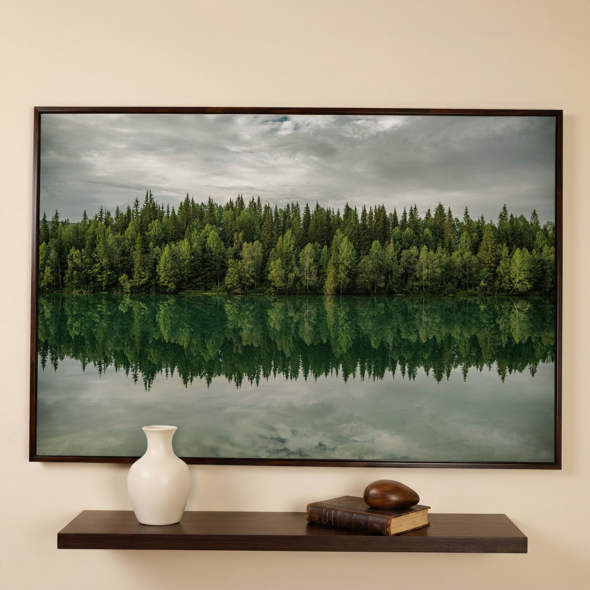 Forest Edge Reflected in Still Water, Misty Landscape Canvas in dark walnut floating frame
