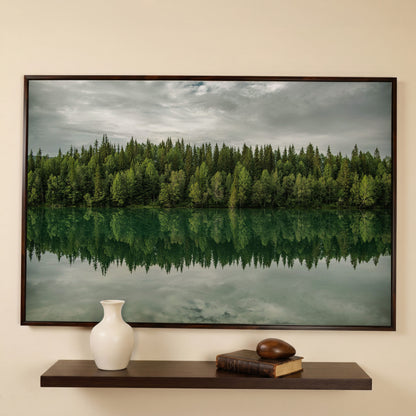 Forest Edge Reflected in Still Water, Misty Landscape Canvas in dark walnut floating frame