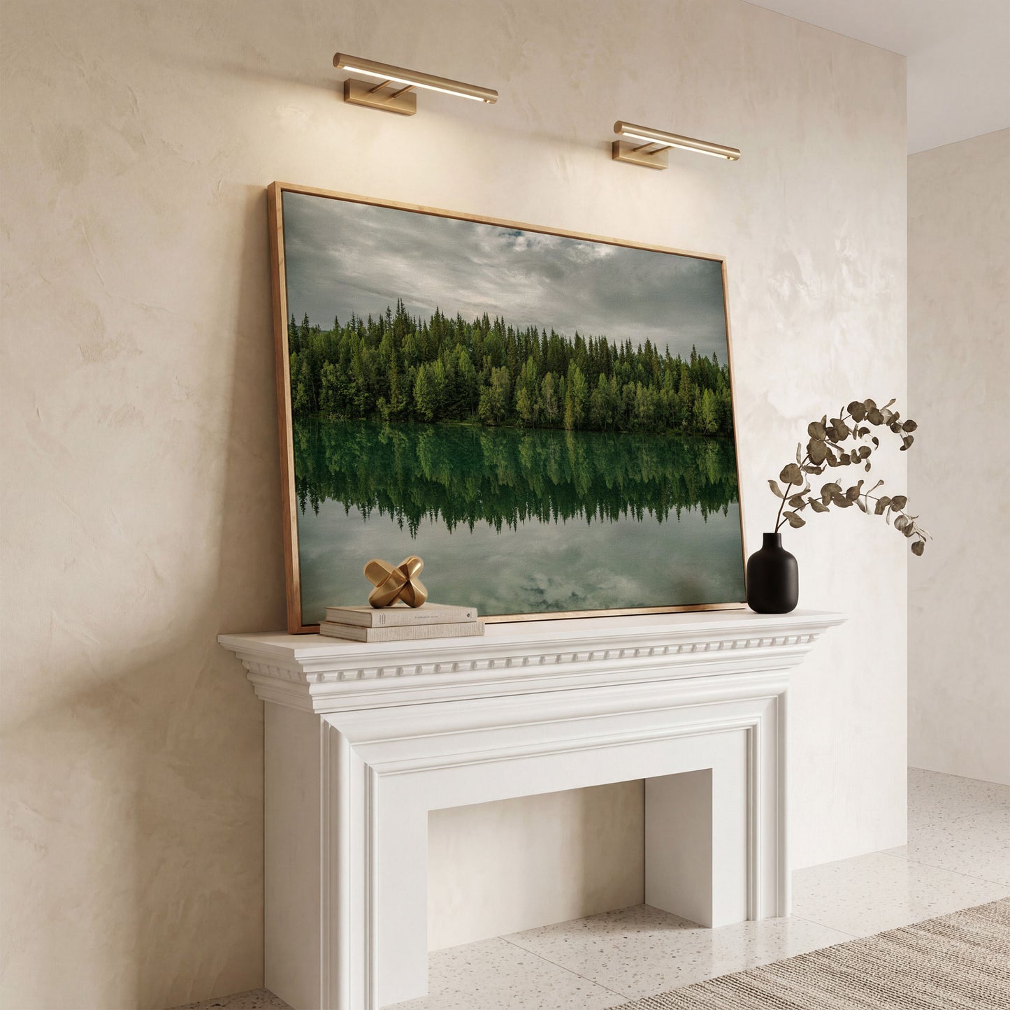 Forest Edge Reflected in Still Water, Misty Landscape Canvas in white oak floating frame