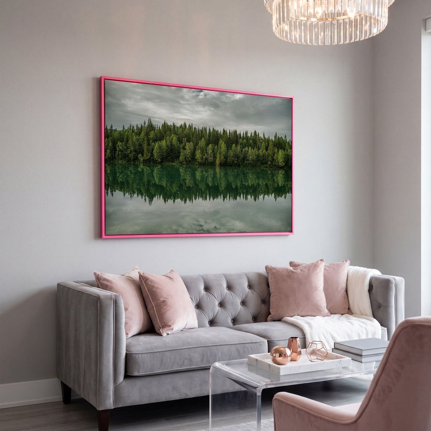 Forest Edge Reflected in Still Water, Misty Landscape Canvas in pink floating frame