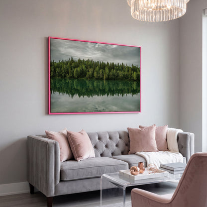 Forest Edge Reflected in Still Water, Misty Landscape Canvas in pink floating frame