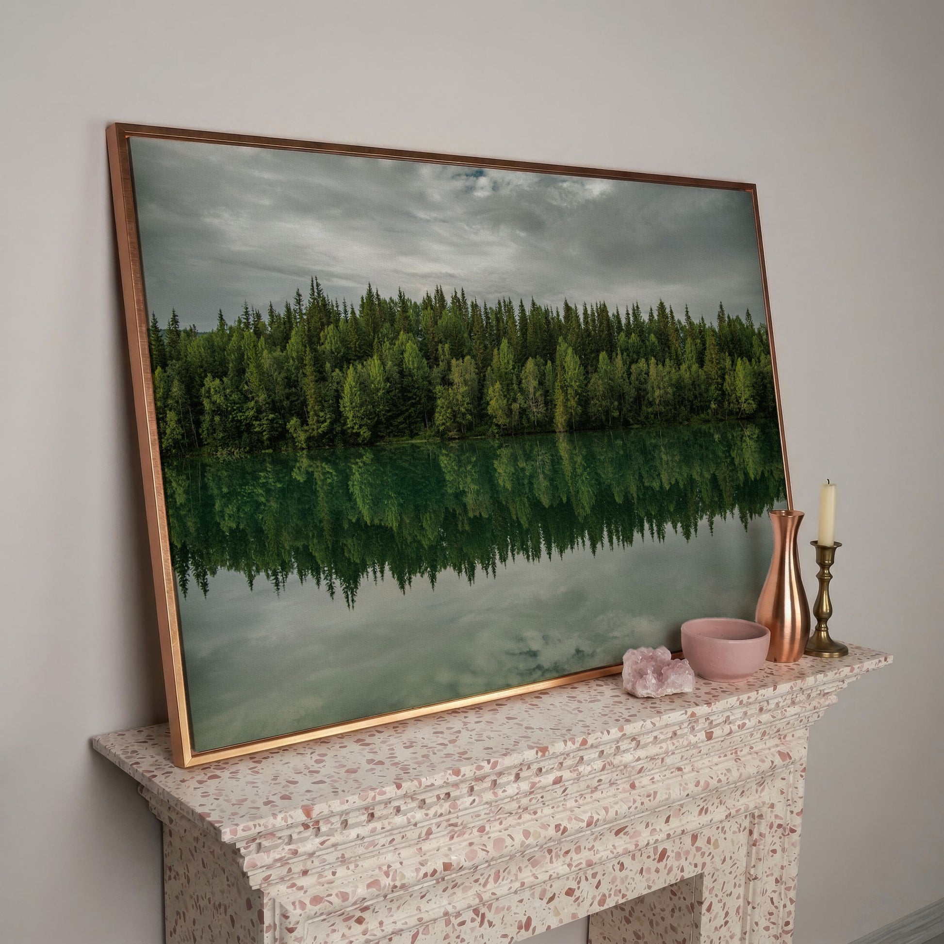 Forest Edge Reflected in Still Water, Misty Landscape Canvas in rose gold floating frame
