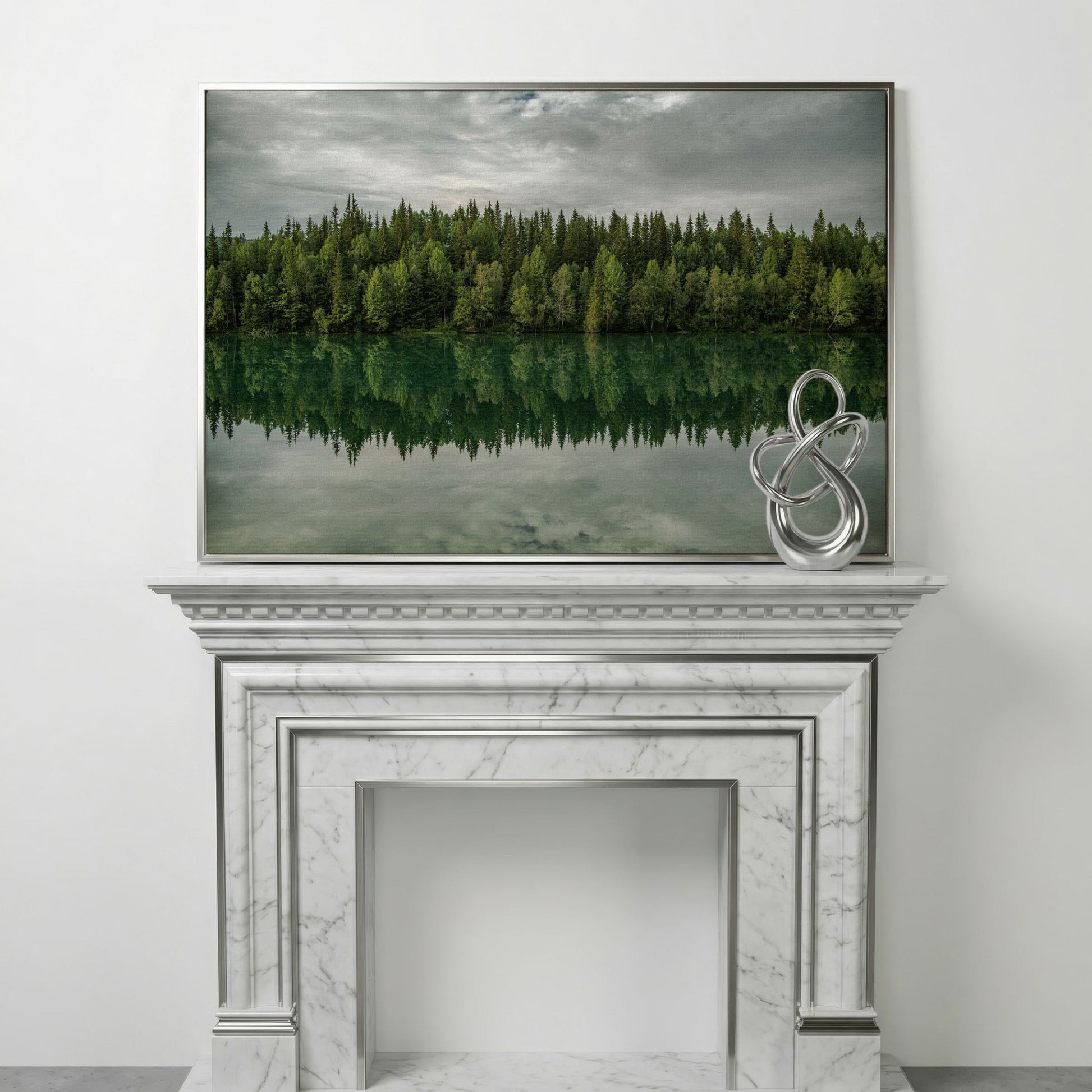 Forest Edge Reflected in Still Water, Misty Landscape Canvas in silver floating frame
