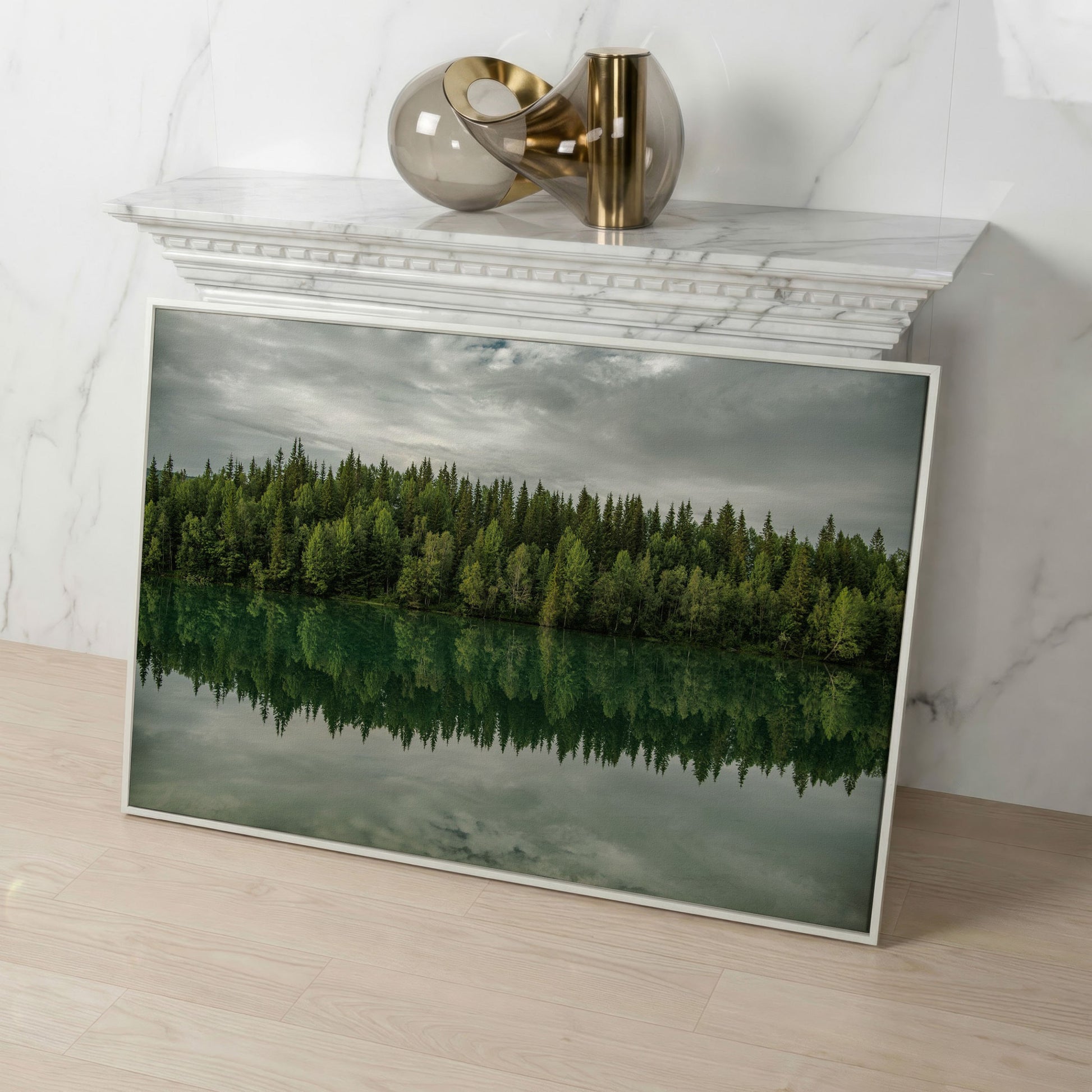 Forest Edge Reflected in Still Water, Misty Landscape Canvas in white floating frame