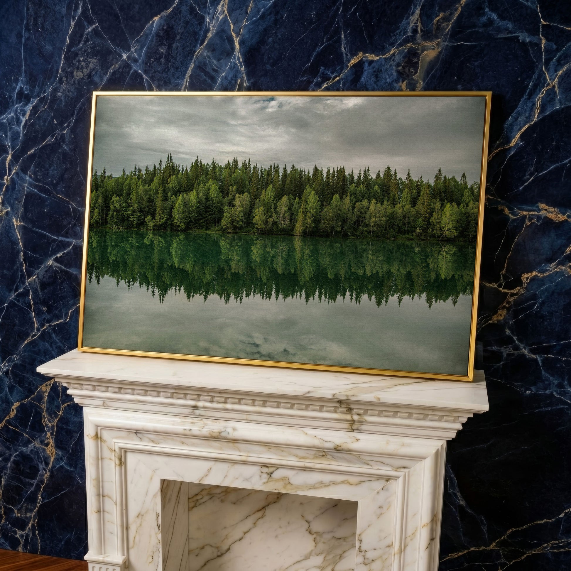 Forest Edge Reflected in Still Water, Misty Landscape Canvas in yellow gold floating frame