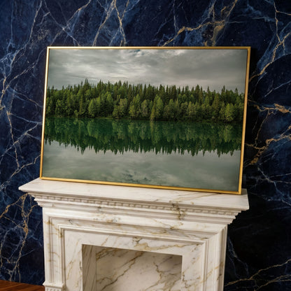 Forest Edge Reflected in Still Water, Misty Landscape Canvas in yellow gold floating frame