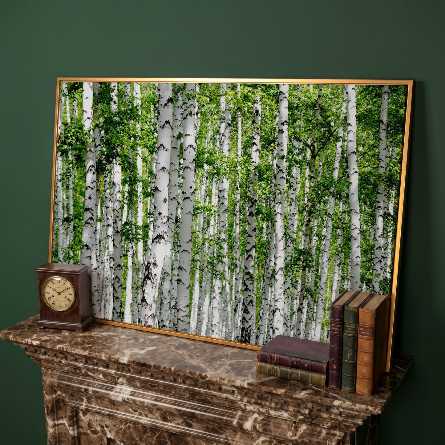 Birch Forest Canvas Wall Art, Sage Green Woodland Landscape in antique gold floating frame