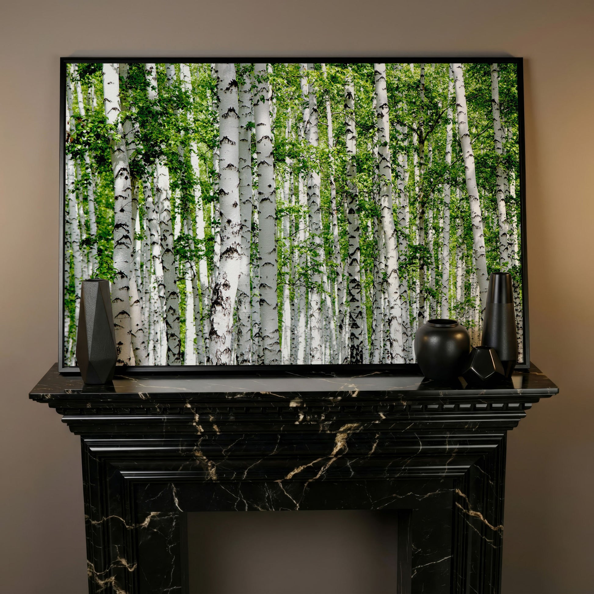 Birch Forest Canvas Wall Art, Sage Green Woodland Landscape in black floating frame